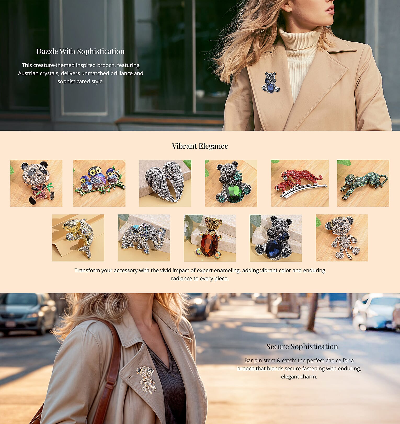 Crystal and Enameled Brooch in Silvertone Banner