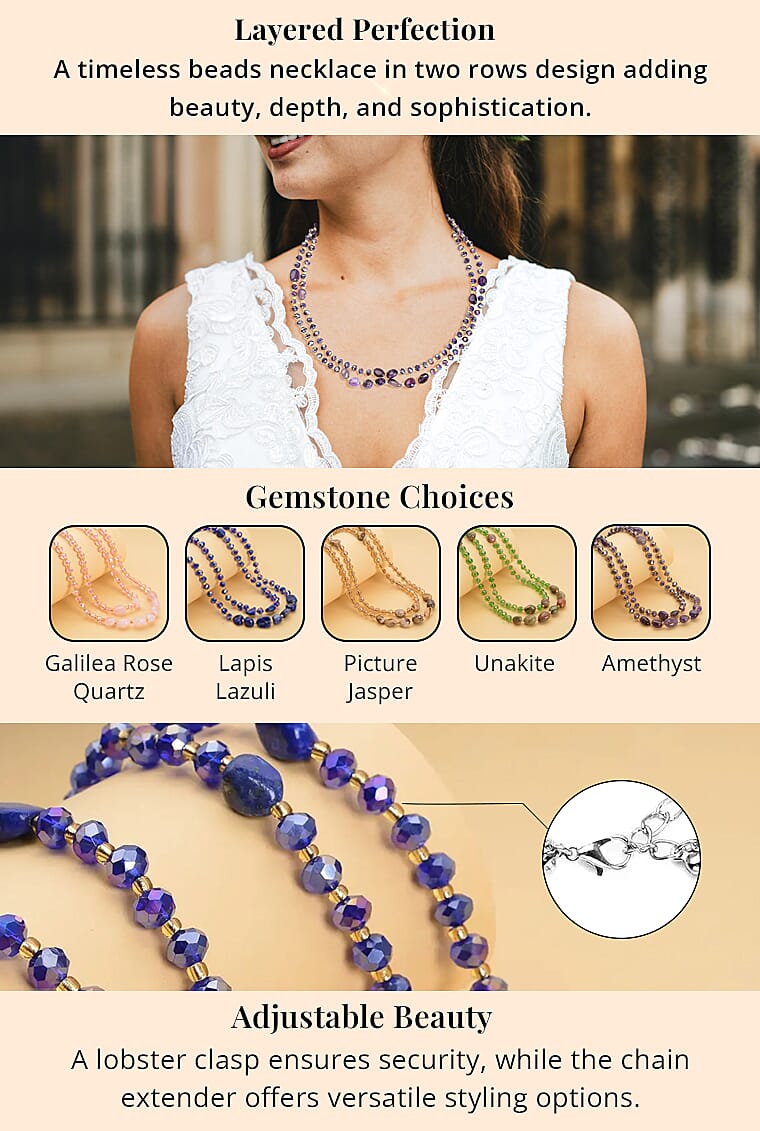 Glass Beaded Two Row Necklace in Stainless SteelBanner