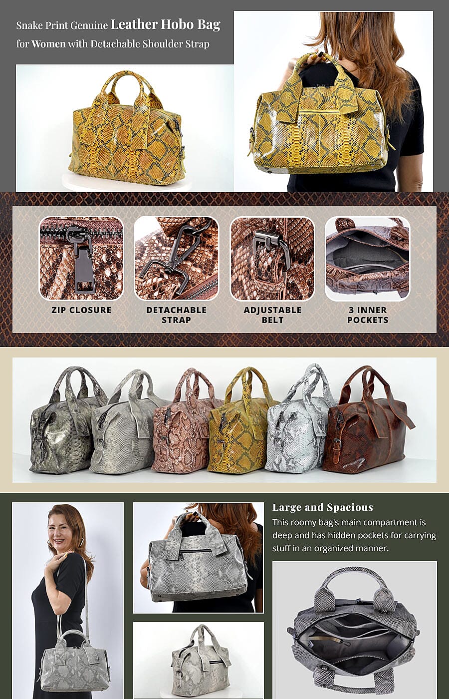 Snake Print Genuine Leather Hobo Bag for Women with Detachable Shoulder Strap Banner