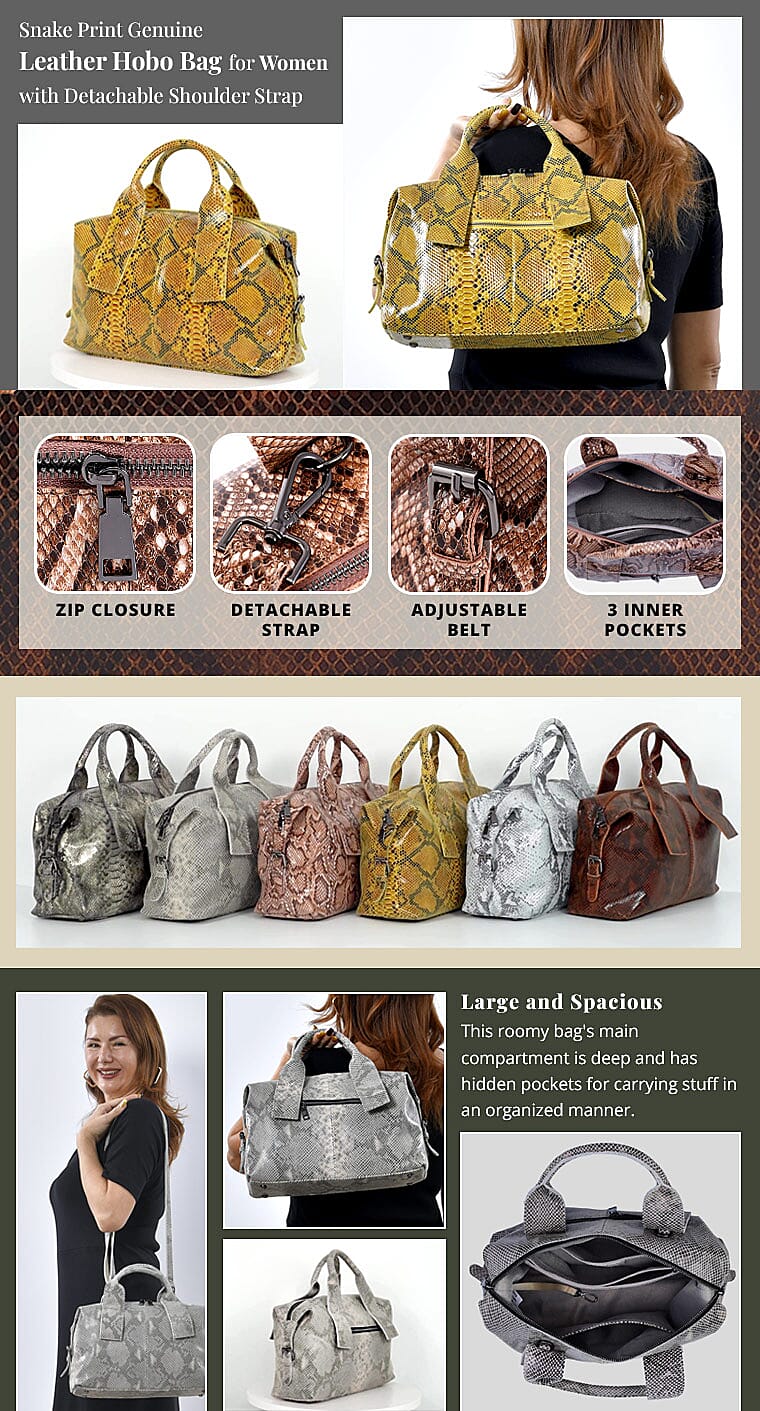 Snake Print Genuine Leather Hobo Bag for Women with Detachable Shoulder Strap Banner