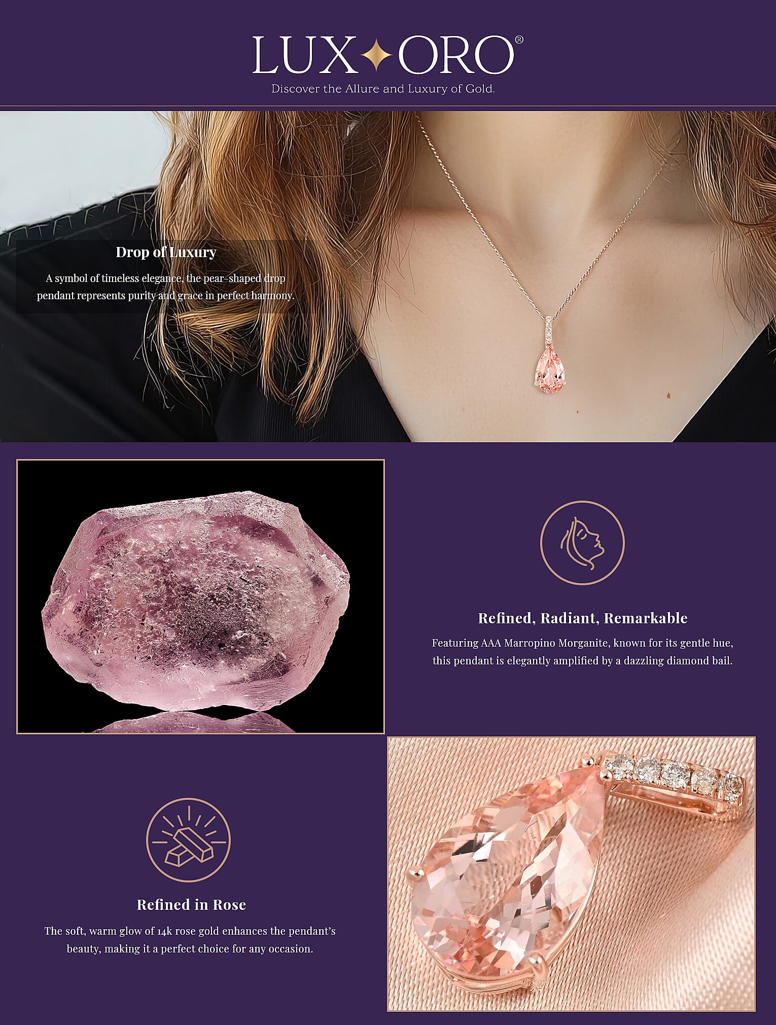Certified and Appraised Luxoro 14K Rose Gold AAA Marropino Morganite and G-H I1 Diamond Drop Pendant Banner