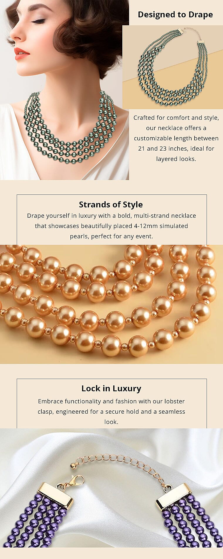 Simulated Peacock Color Pearl 4-12mm Necklace Banner