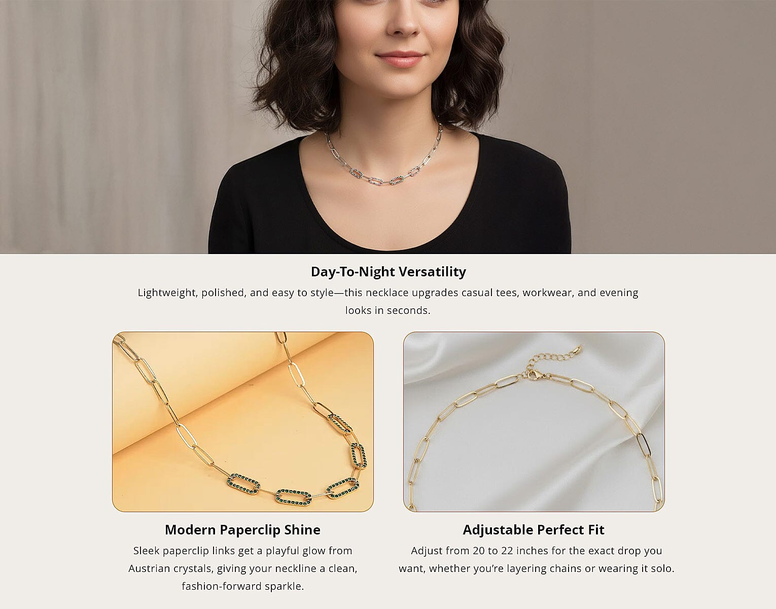 Multi Color Austrian Crystal Paper Clip Chain Necklace in Stainless Steel 20-22 Inches, Tarnish-Free, Waterproof, Sweat Proof Jewelry Banner