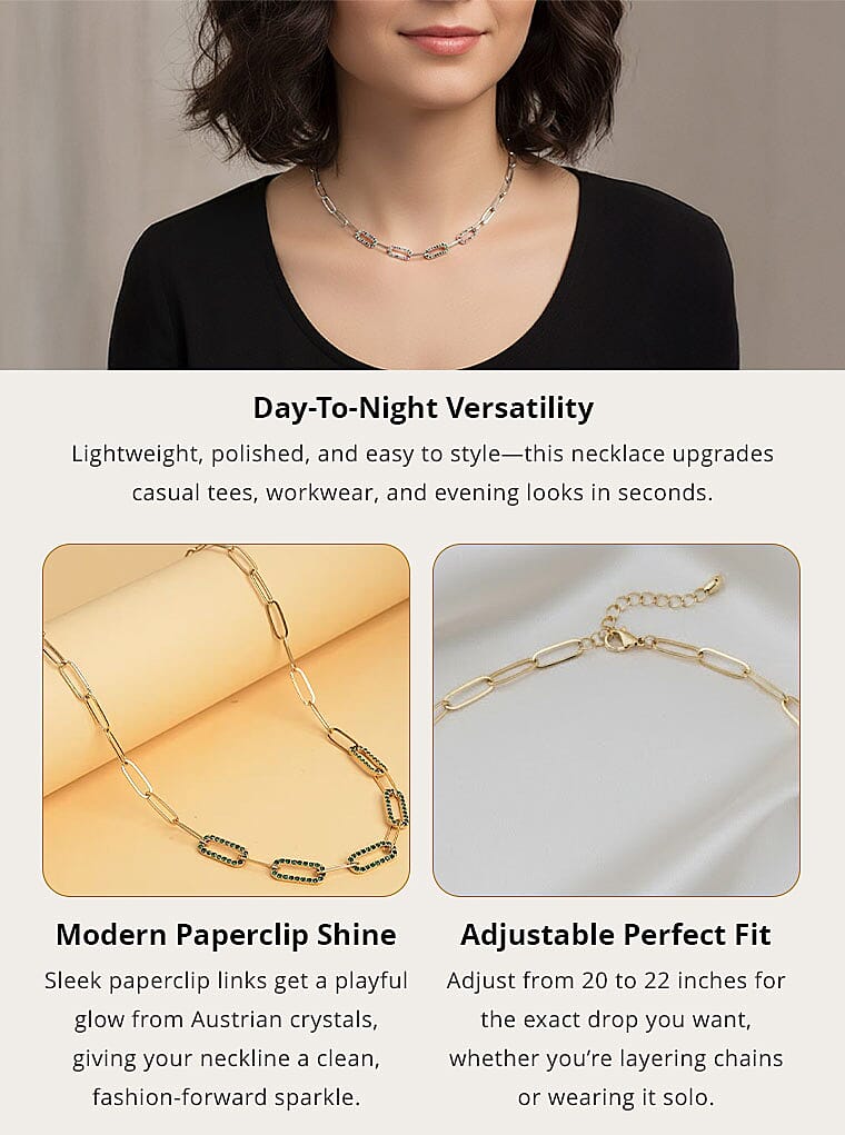 Multi Color Austrian Crystal Paper Clip Chain Necklace in Stainless Steel 20-22 Inches, Tarnish-Free, Waterproof, Sweat Proof Jewelry Banner