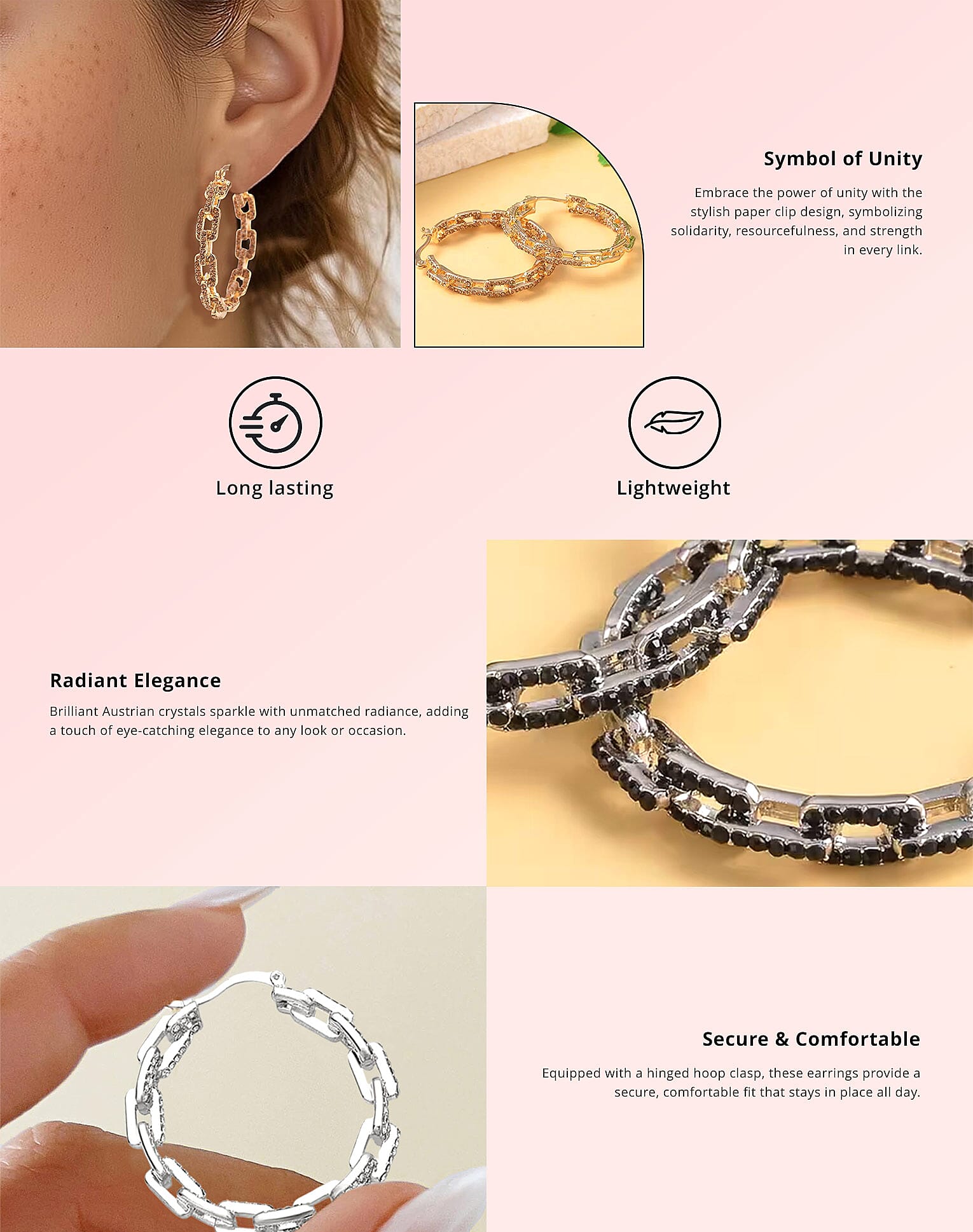 White Austrian Crystal Paper Clip Chain Hoop Earrings in Goldtone Banner