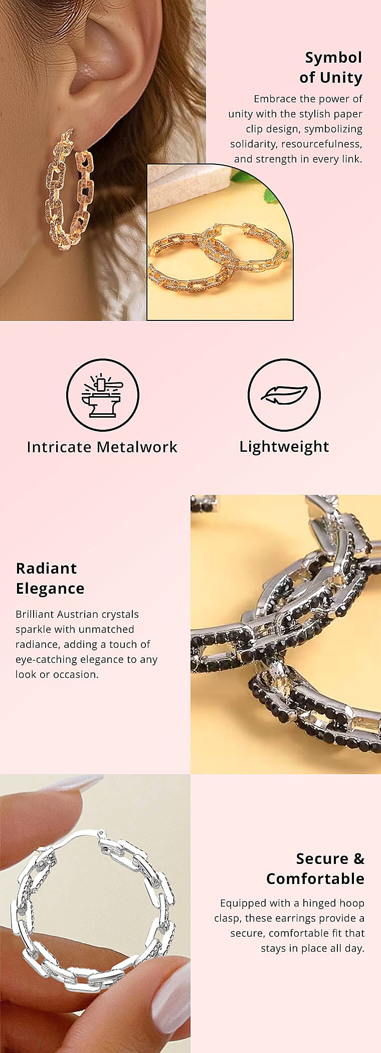 White Austrian Crystal Paper Clip Chain Hoop Earrings in Goldtone Banner