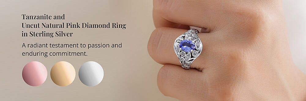 Tanzanite and Uncut Natural Pink Diamond Ring in Sterling Silver Banner