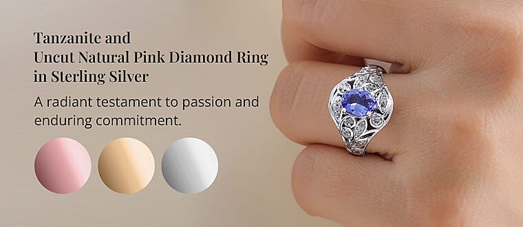 Tanzanite and Uncut Natural Pink Diamond Ring in Sterling Silver Banner