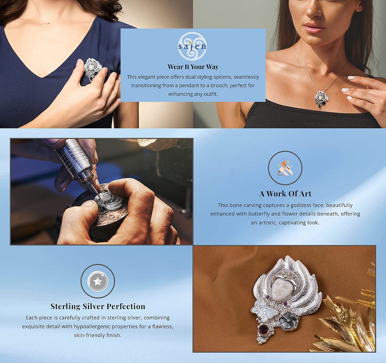 Sajen Silver Carved Bone and Multi Gemstone Pendant or Brooch in Sterling Silver Banner