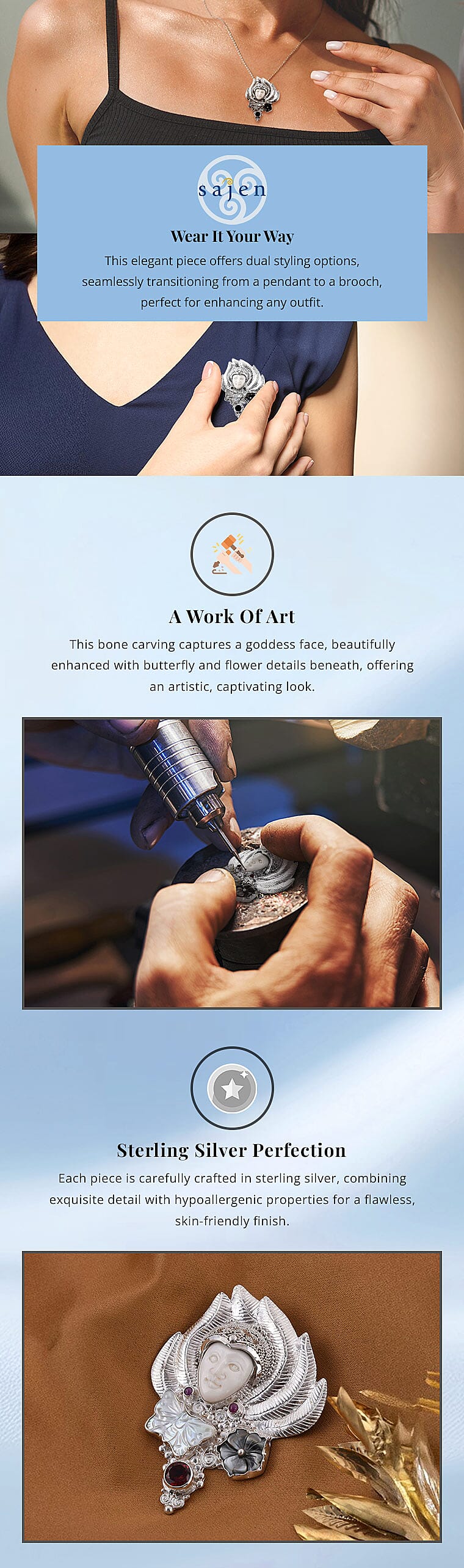 Sajen Silver Carved Bone and Multi Gemstone Pendant or Brooch in Sterling Silver Banner