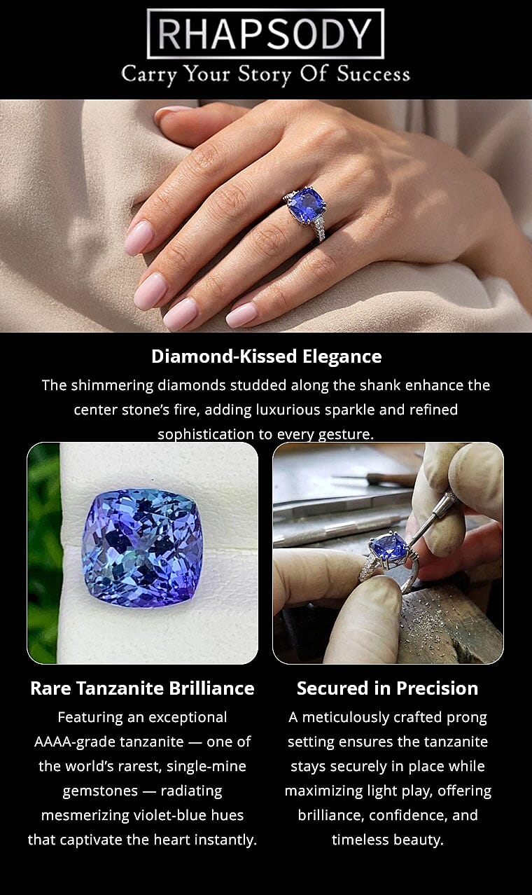 Rhapsody Certified & Appraised AAAA Tanzanite and E-F VS Diamond 4.00 ctw Accent Ring, 950 Platinum Ring, Wedding Ring 4 Grams Banner
