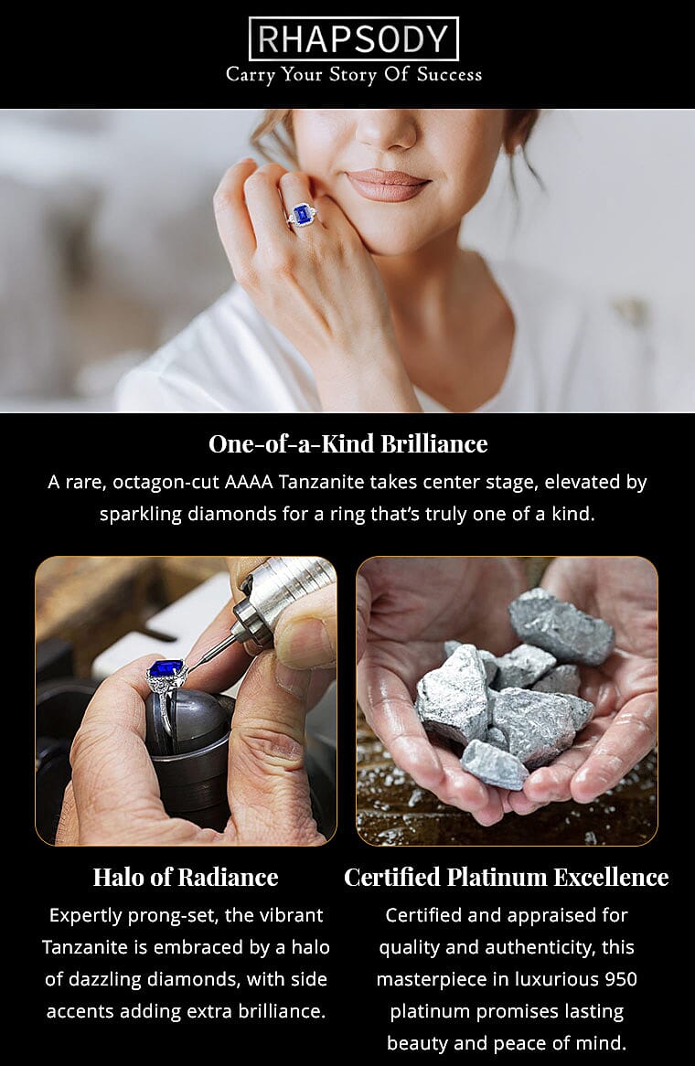 One Of A Kind Certified & Appraised Rhapsody 950 Platinum AAAA Tanzanite and E-F VS Diamond Ring 5.80 Grams Banner