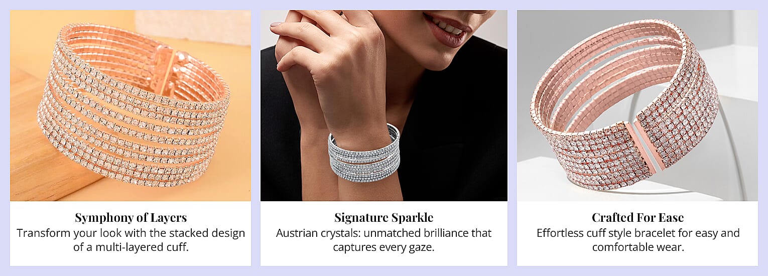 Austrian Crystal Layered Look Cuff Bracelet in Silvertone Banner
