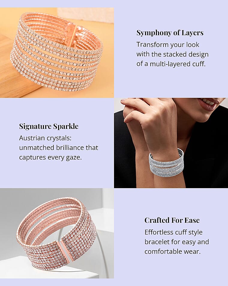Austrian Crystal Layered Look Cuff Bracelet in Silvertone Banner