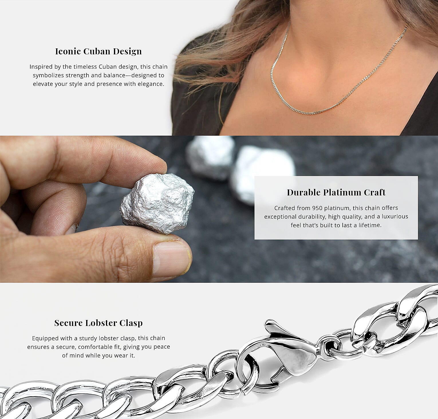 950 Platinum Cuban Chain Necklace, 20 Inch Necklace with Lobster Lock Banner