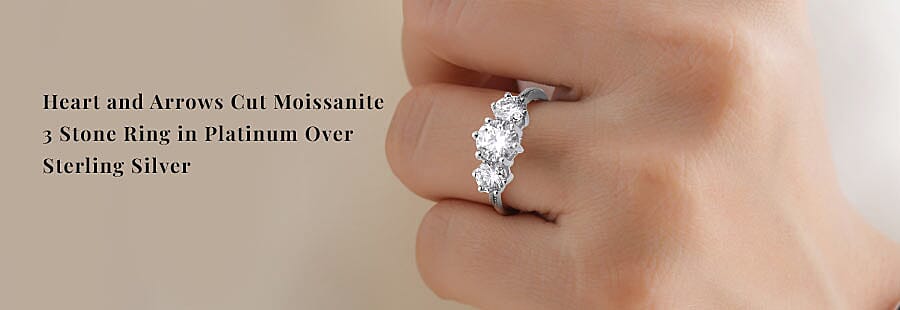 Heart and Arrows Cut Moissanite 3 Stone Ring in Platinum Over Sterling Silver Banner