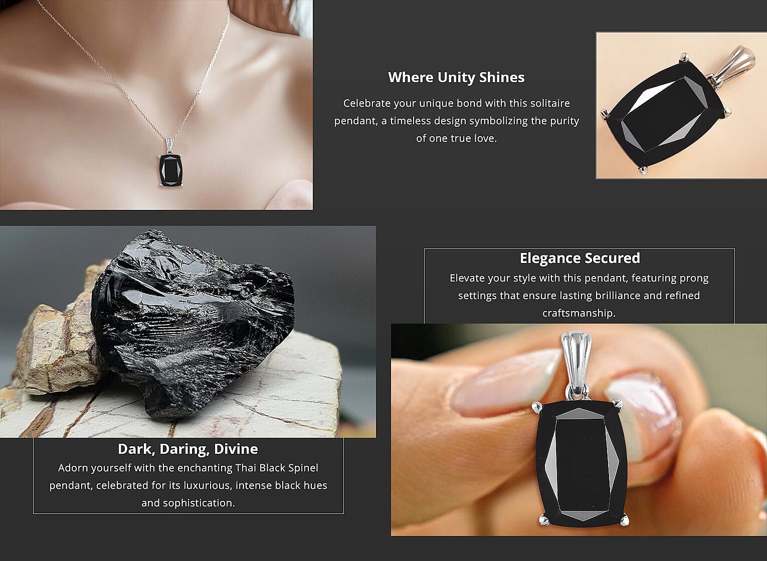 Thai Black Spinel Solitaire Pendant in Stainless Steel Banner