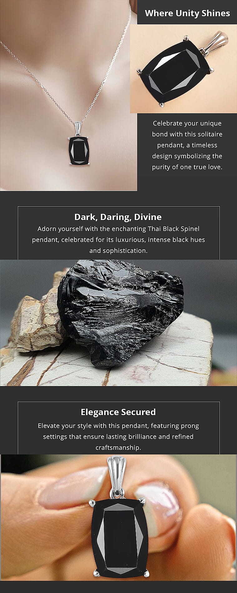 Thai Black Spinel Solitaire Pendant in Stainless Steel Banner