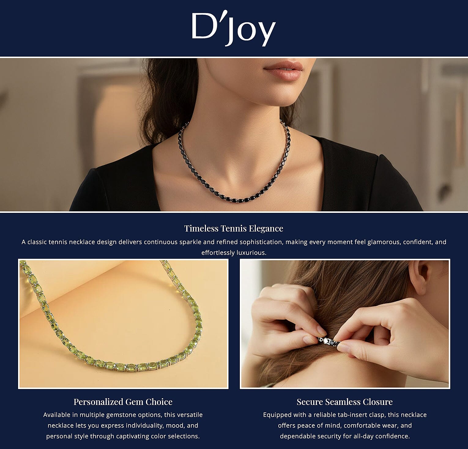 D'Joy Thai Black Spinel Necklace in Rhodium Over Sterling Silver, Silver Tennis Necklace Banner