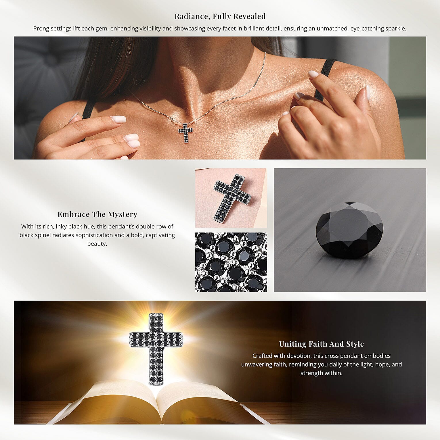 Karis Thai Black Spinel Cross Pendant in Platinum Bond Banner