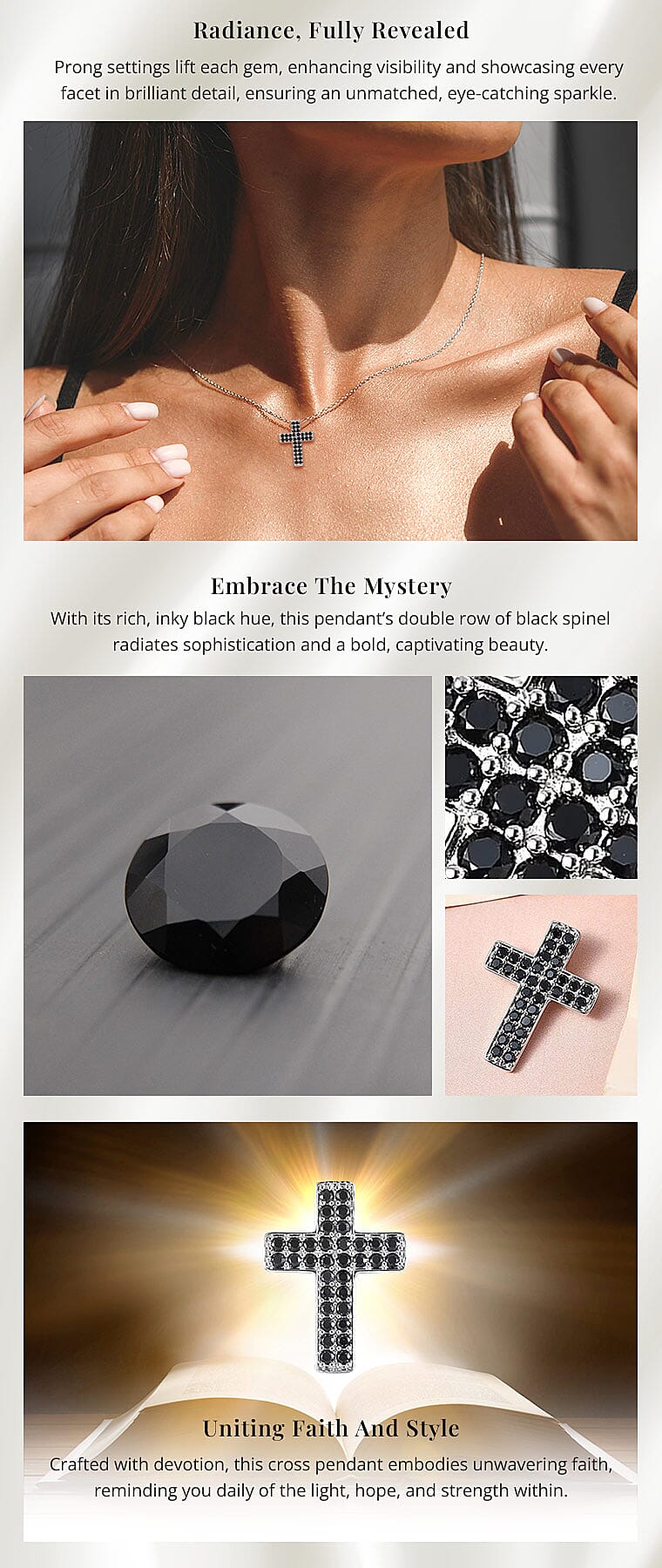 Karis Thai Black Spinel Cross Pendant in Platinum Bond Banner