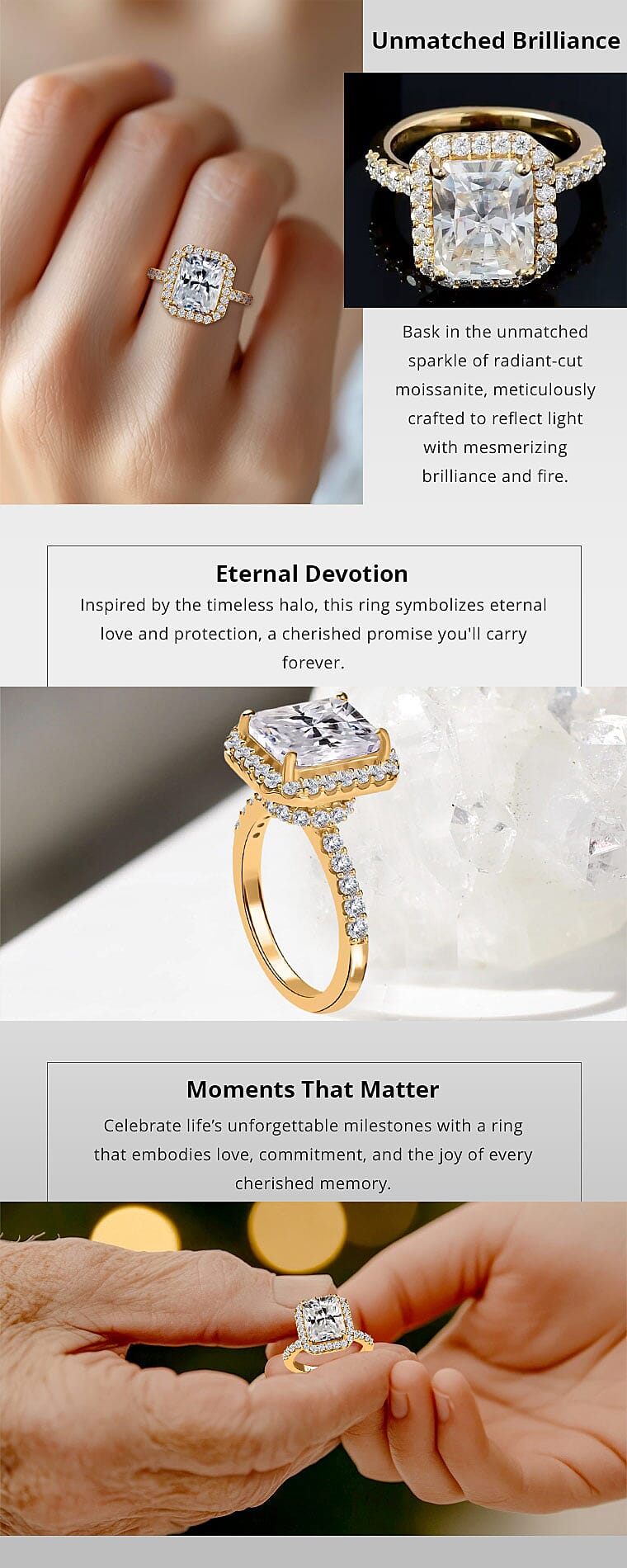 Radiant Cut Moissanite 4.75 ctw Halo Ring in Vermeil Yellow Gold Over Sterling Silver Banner
