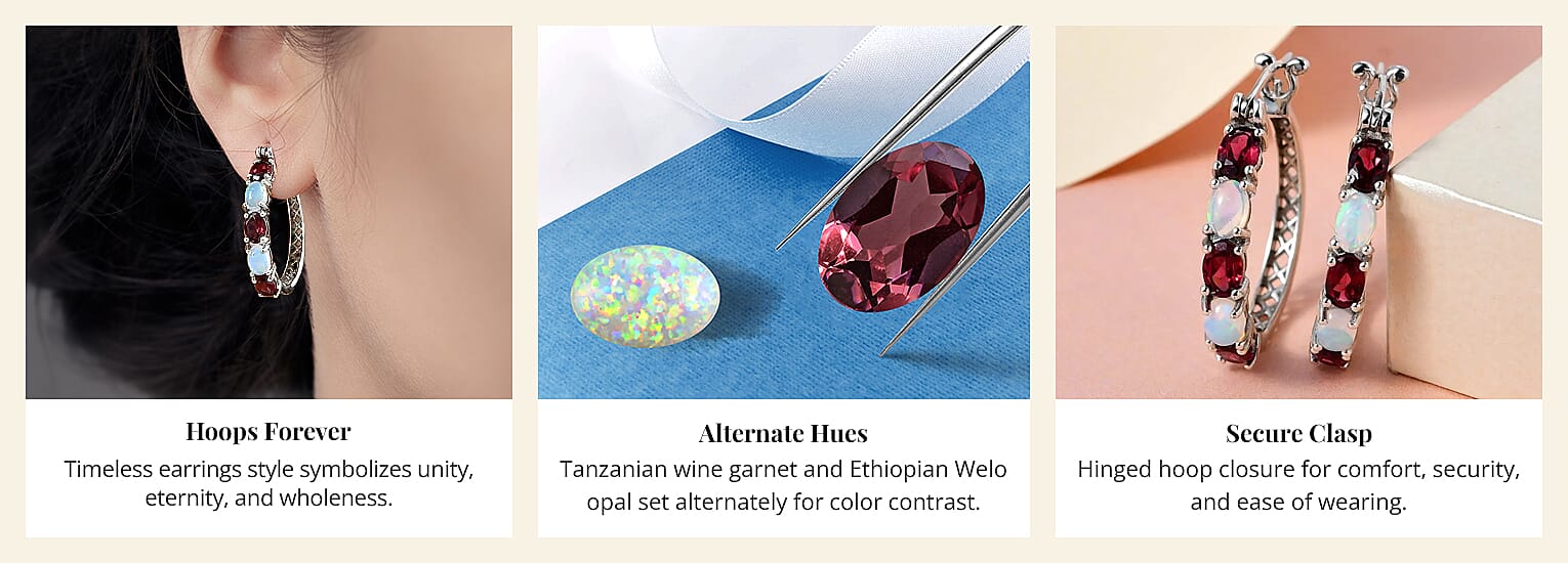 Tanzanian Wine Garnet and Ethiopian Welo Opal Hoop Earrings Banner