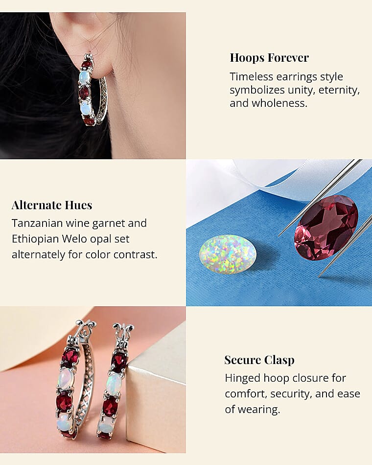Tanzanian Wine Garnet and Ethiopian Welo Opal Hoop Earrings Banner