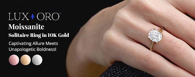 Luxoro Moissanite Solitaire Ring in 10K Gold Banner