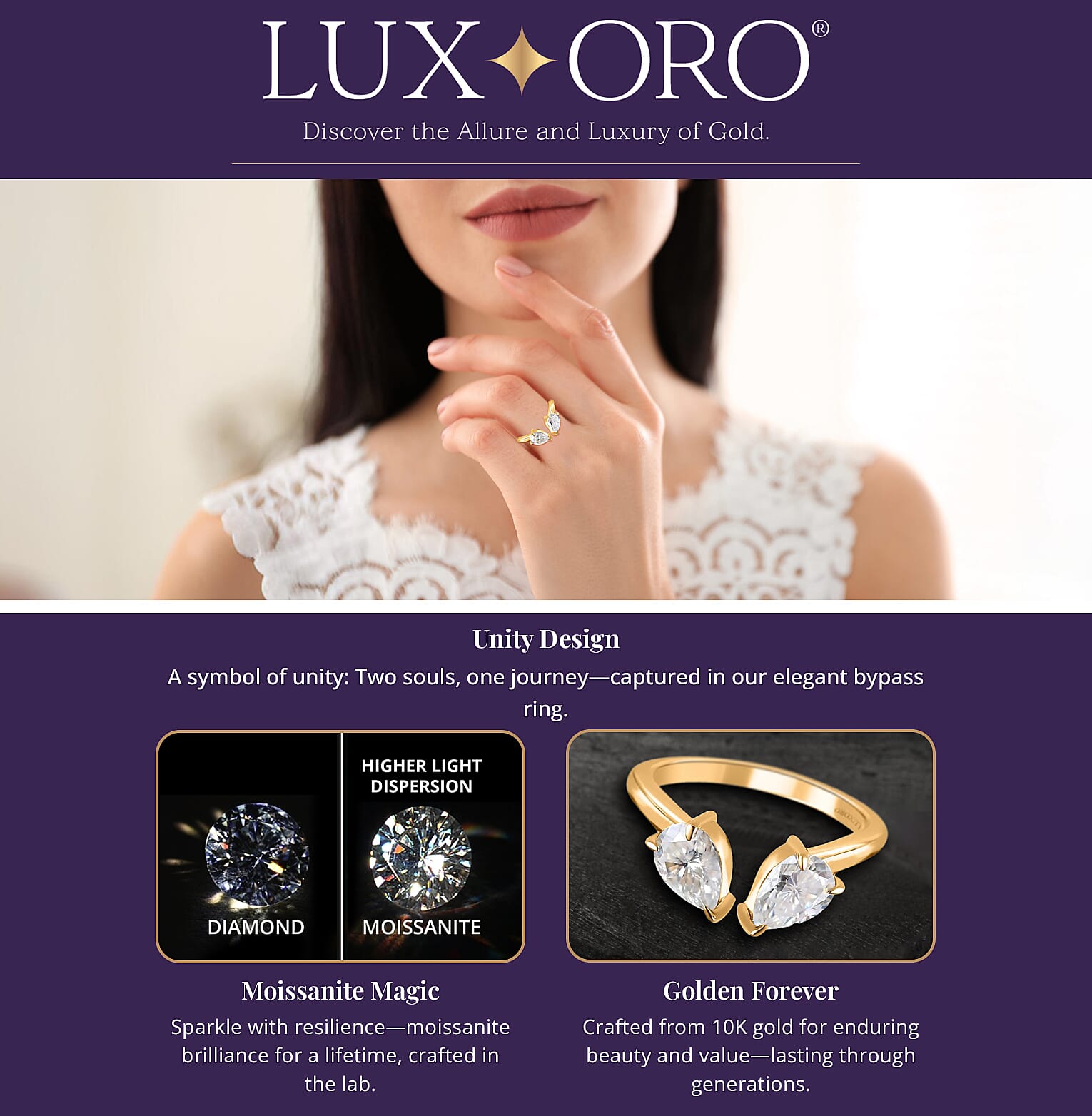 Luxoro Bypass Openable Moissanite Tear Drop Ring in 10K Yellow Gold Banner