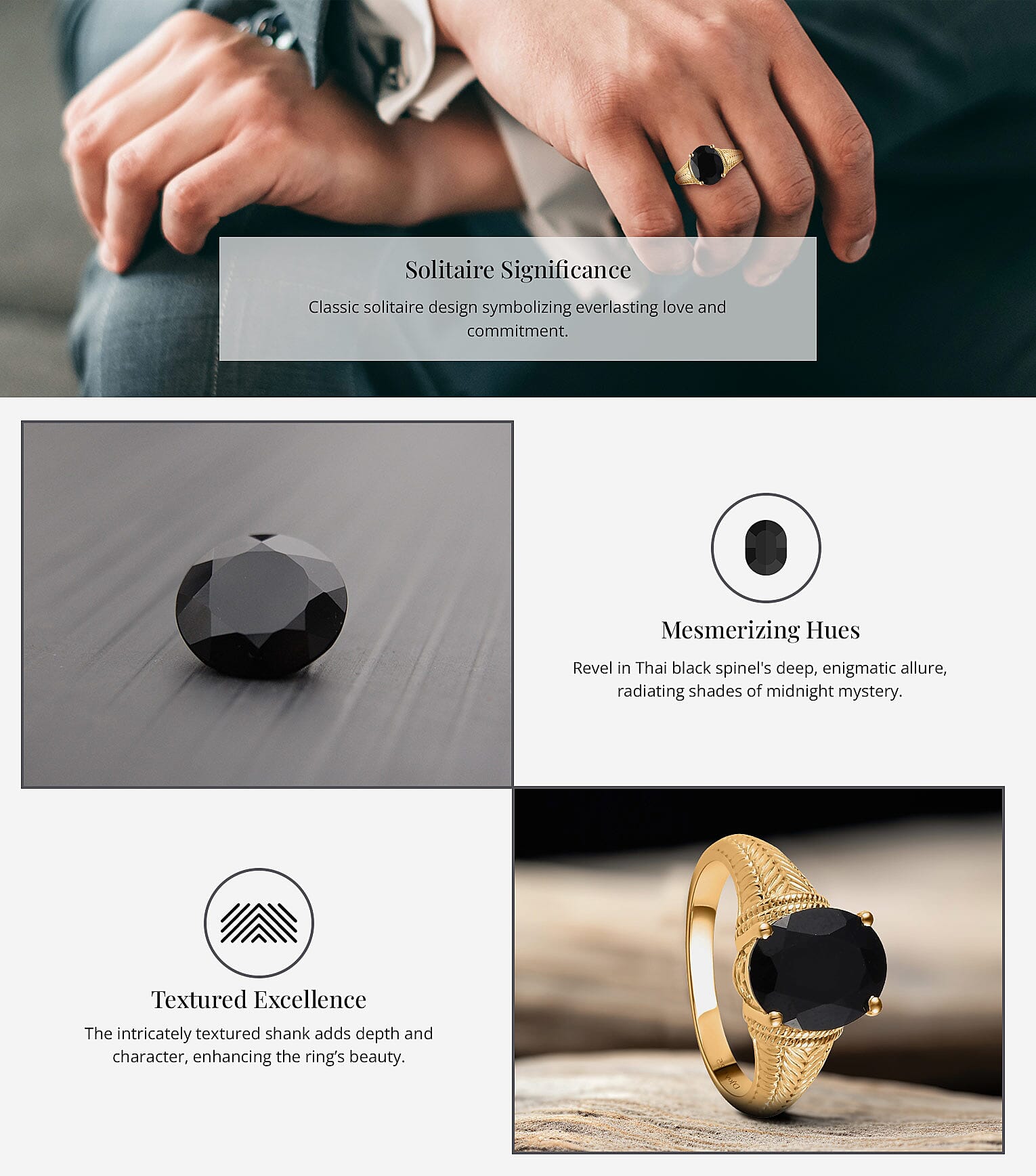 Thai Black Spinel Solitaire Men's Ring in Vermeil Yellow Gold Over Sterling Silver Banner