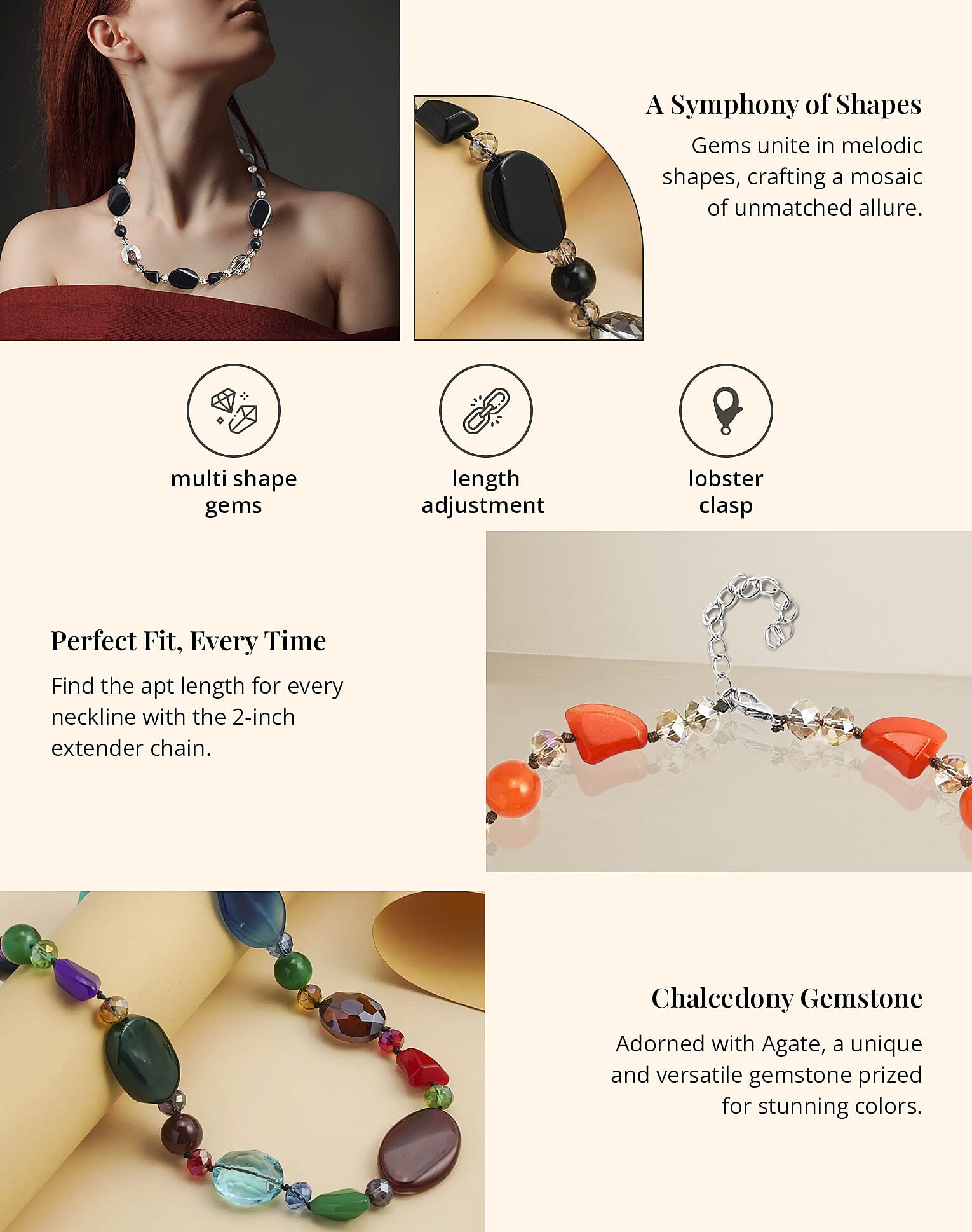 Agate and Multi Color Glass Beaded Necklace in Silvertone Banner