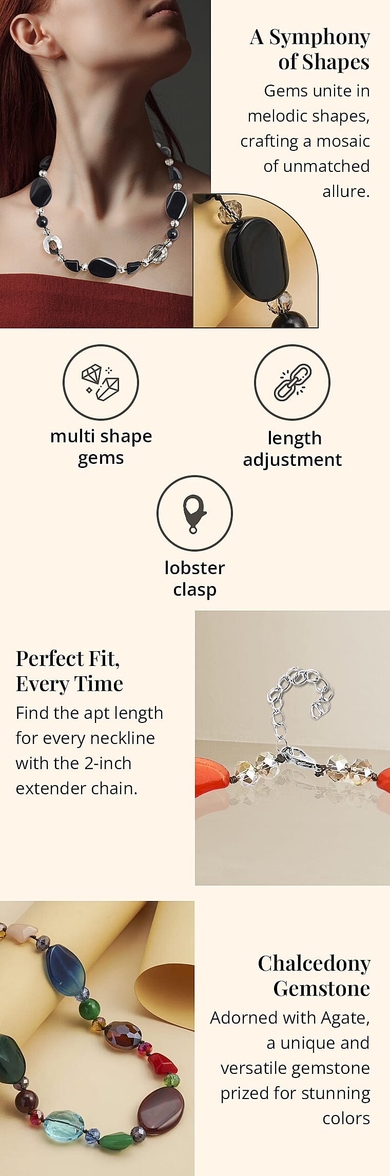 Agate and Multi Color Glass Beaded Necklace in SilvertoneBanner