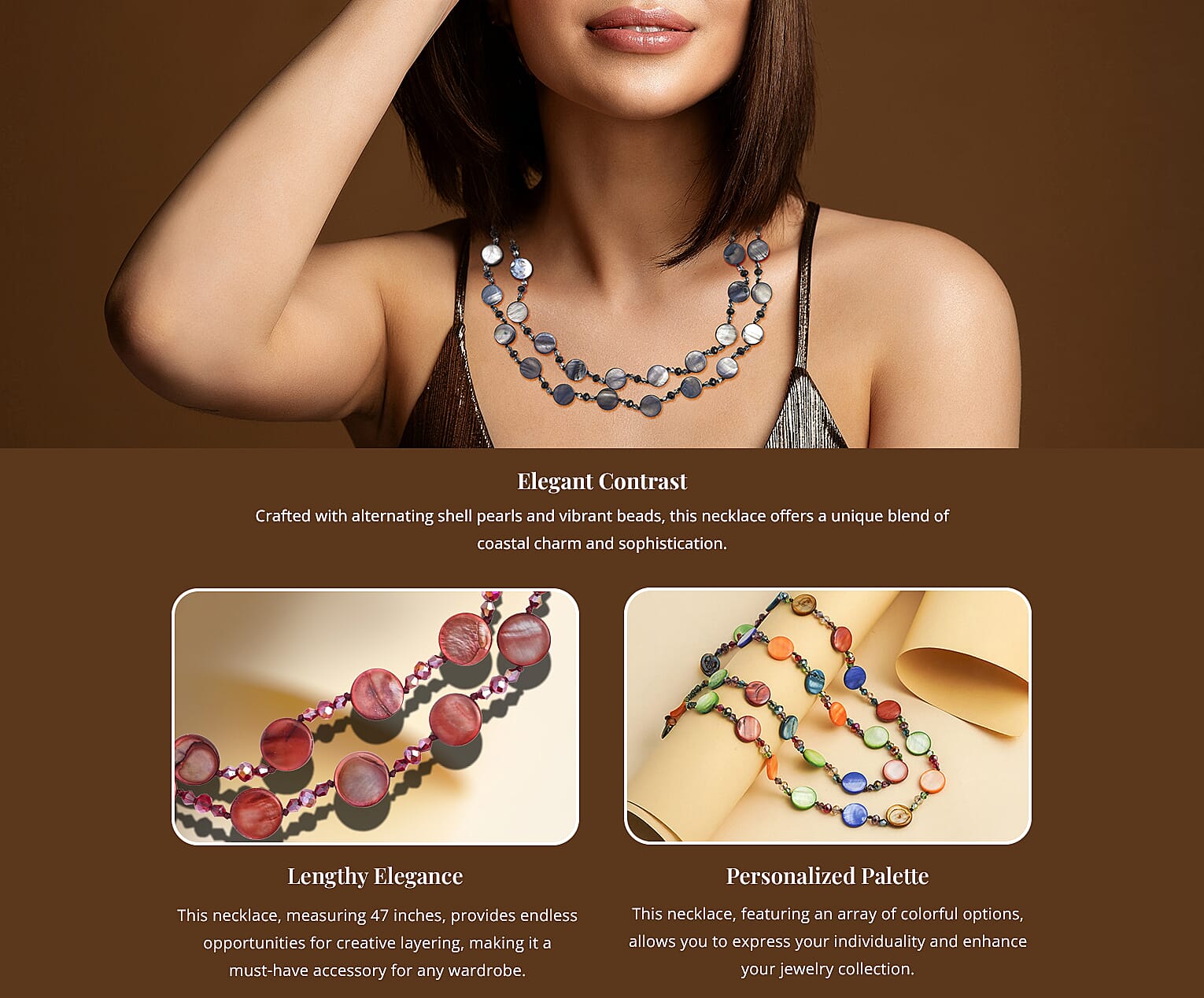 Shell Pearl Coin Glass Beaded Necklace 47 Inches Banner