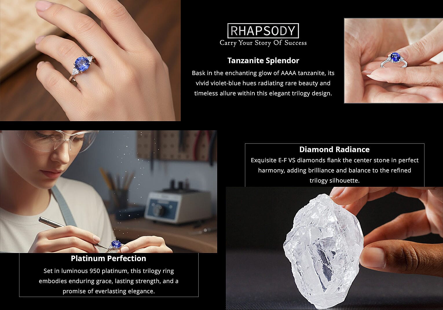 Rhapsody 950 Platinum AAAA Tanzanite Ring, E-F VS Diamond Accent Ring Banner