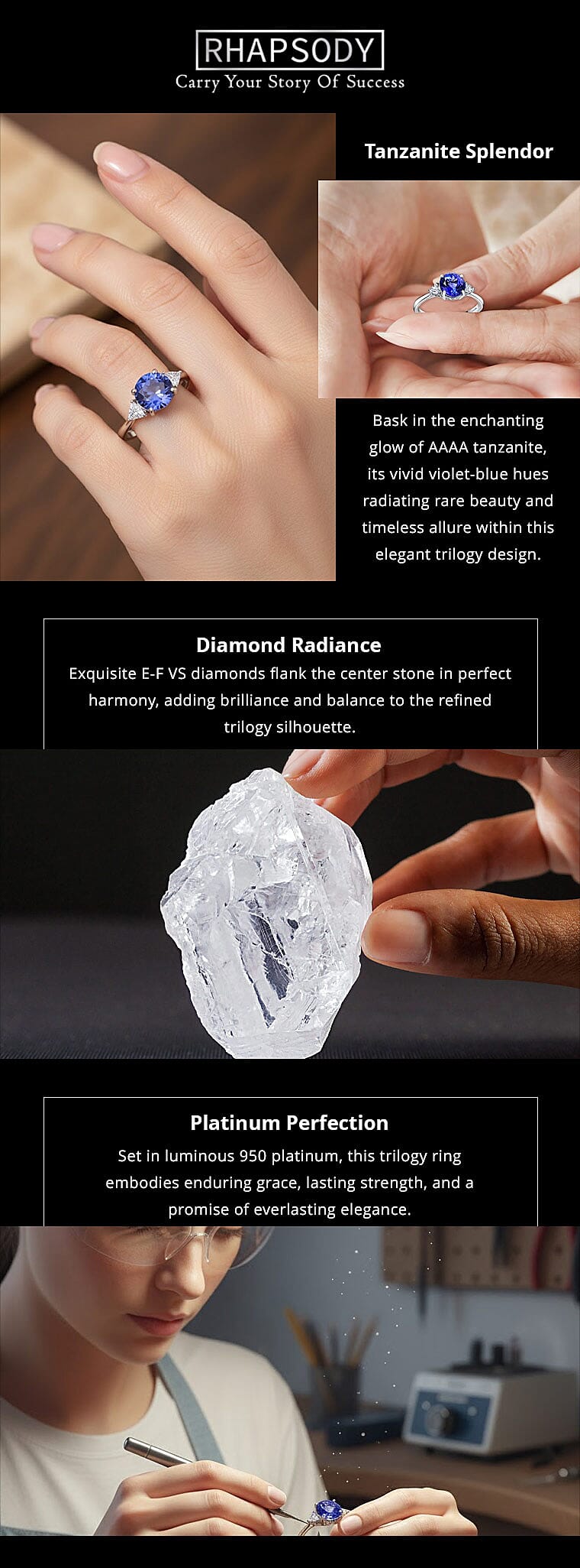 Rhapsody 950 Platinum AAAA Tanzanite Ring, E-F VS Diamond Accent Ring Banner