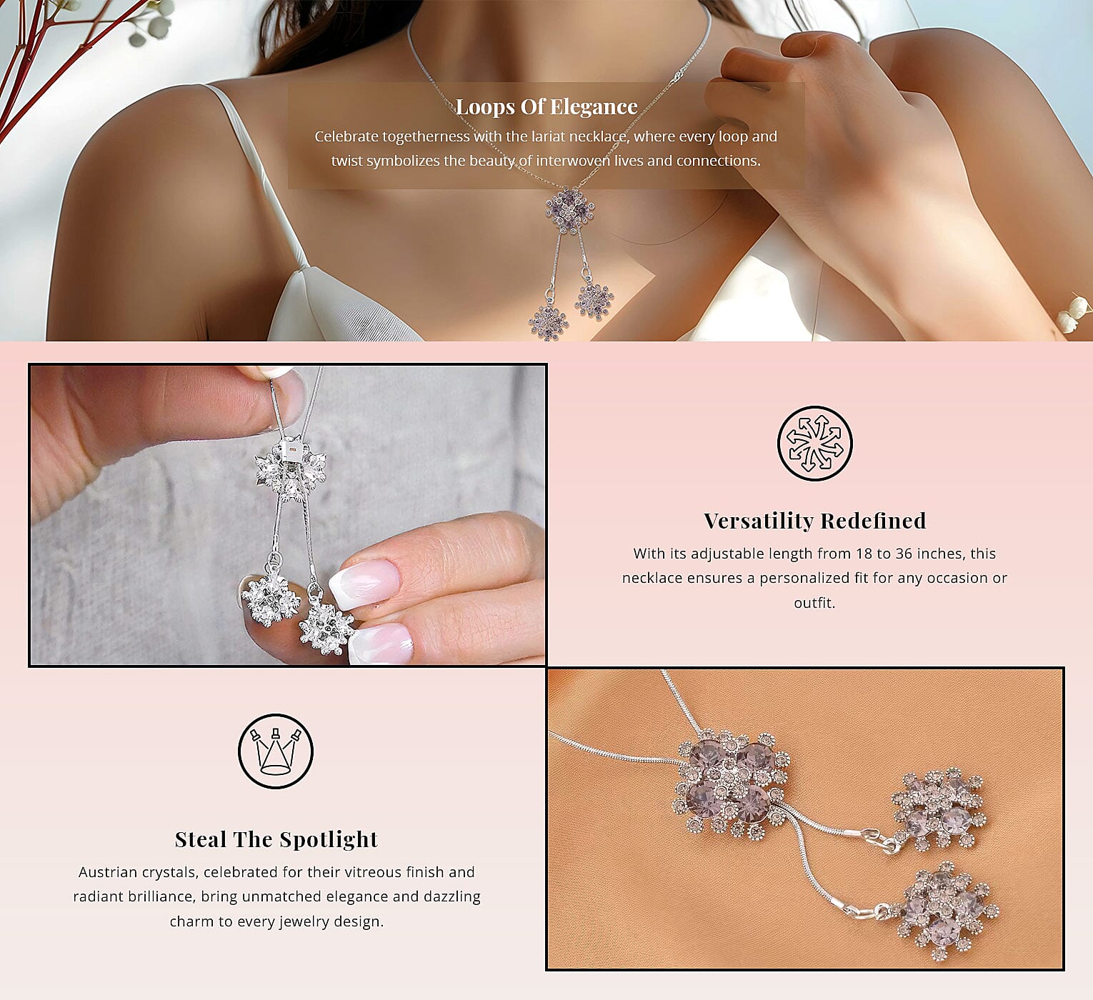 Gray Austrian Crystal Lariat Pendant Necklace in Silvertone Banner