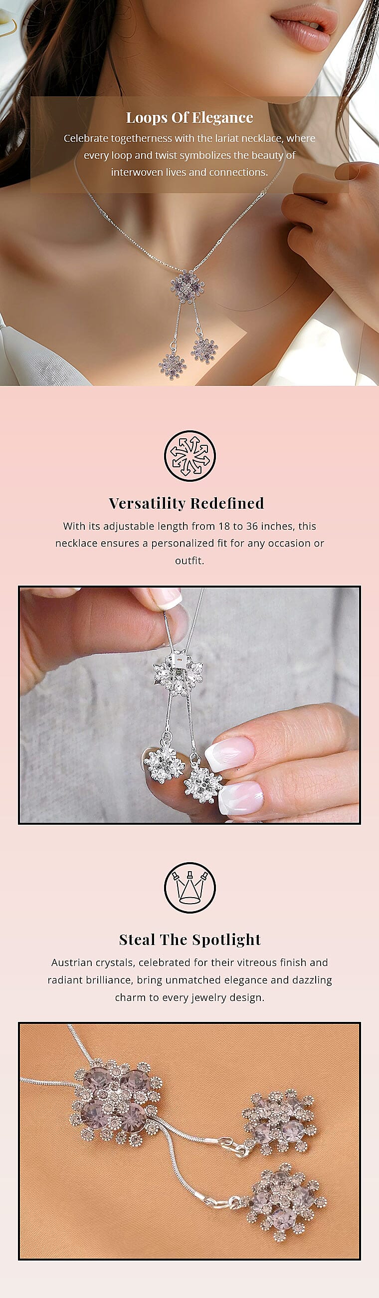 Gray Austrian Crystal Lariat Pendant Necklace in Silvertone Banner