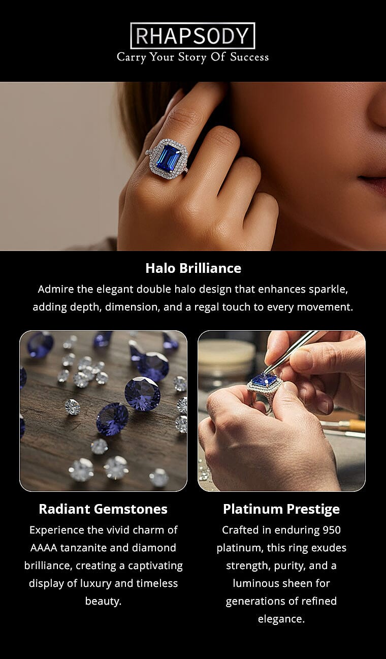 Certified & Appraised Rhapsody 950 Platinum AAAA Tanzanite and Diamond E-F VS Double Halo Ring 11.40 Grams 8.10 ctw Banner