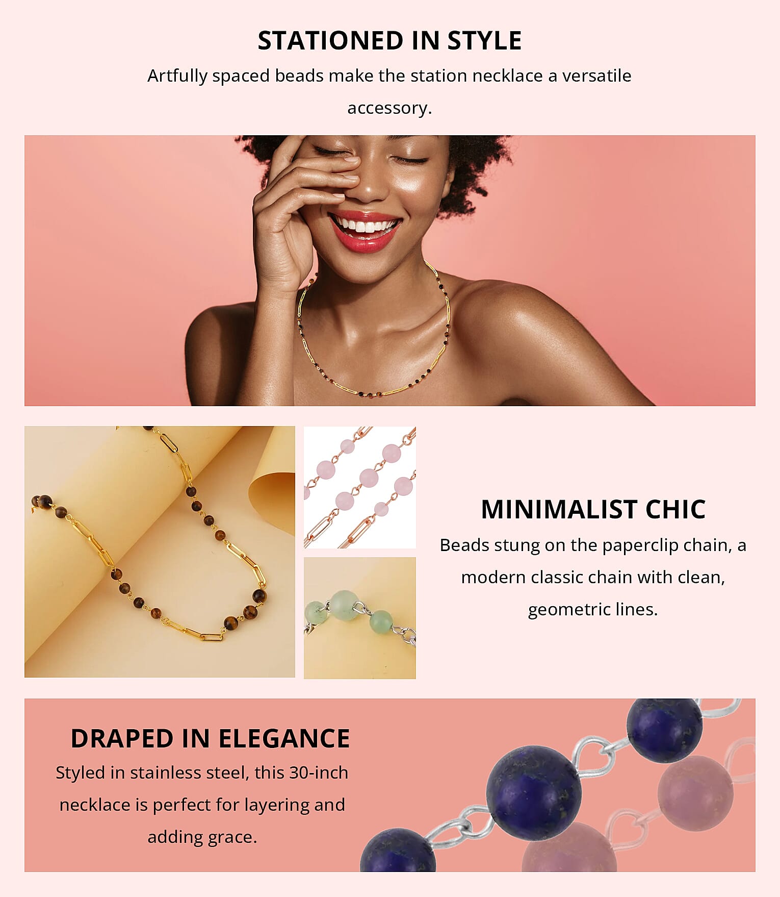 Lapis Lazuli 50.00 ctw Beaded Station and Paper Clip Chain Necklace in Stainless Steel Banner