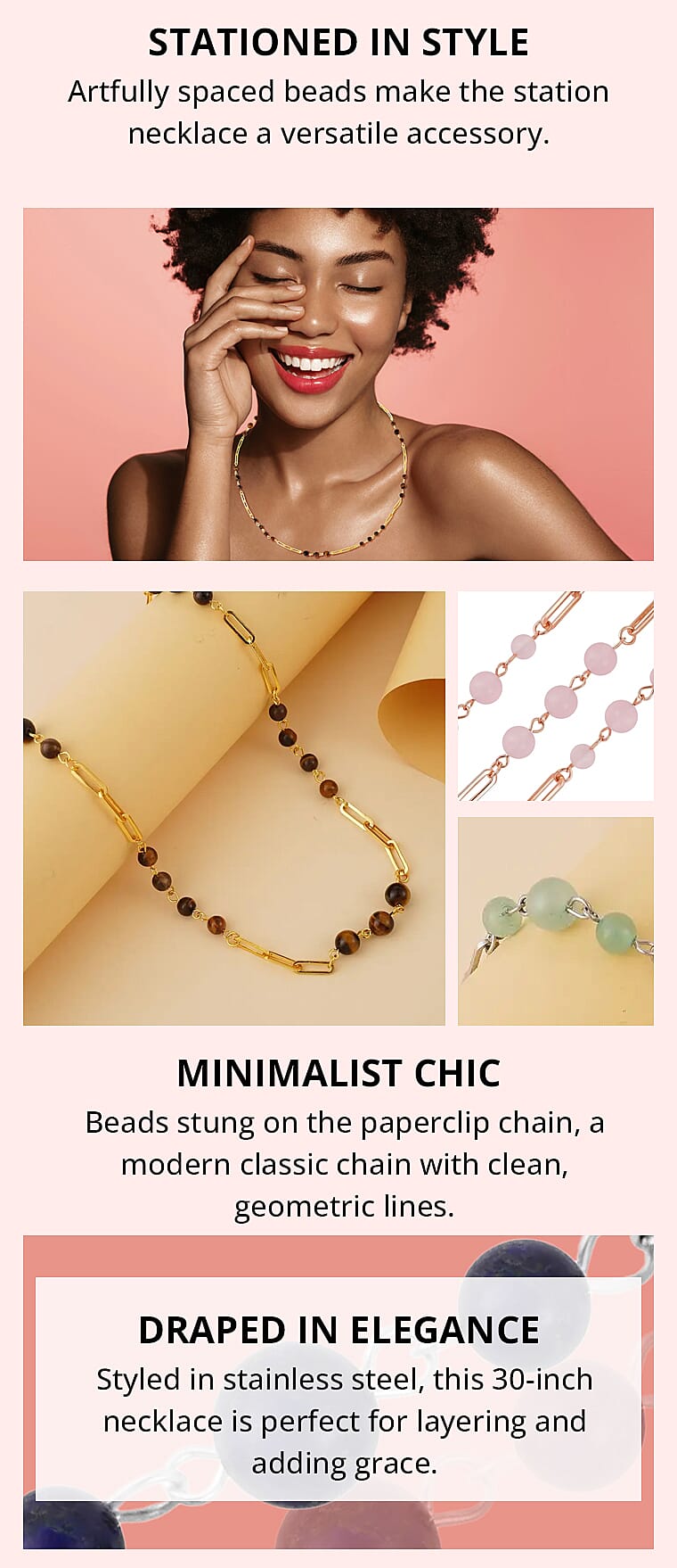 Lapis Lazuli 50.00 ctw Beaded Station and Paper Clip Chain Necklace in Stainless SteelBanner