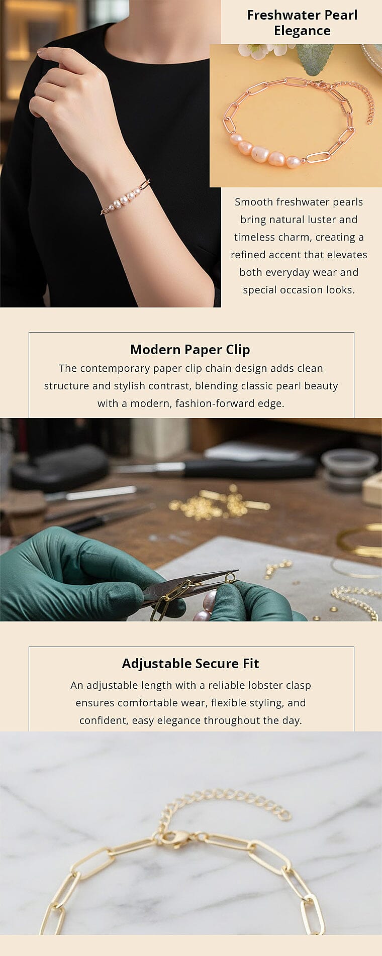 Peach Freshwater Pearl Paper Clip Chain Bracelet in Rosetone (8-10In) Banner