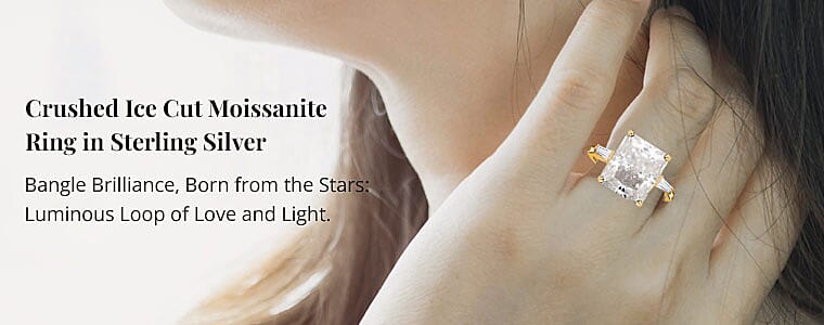 Crushed Ice Cut Moissanite Ring in Sterling Silver Banner