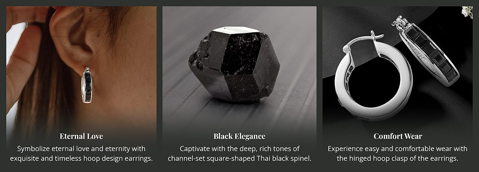 Square Thai Black Spinel Hoop Earrings in Stainless Steel Banner