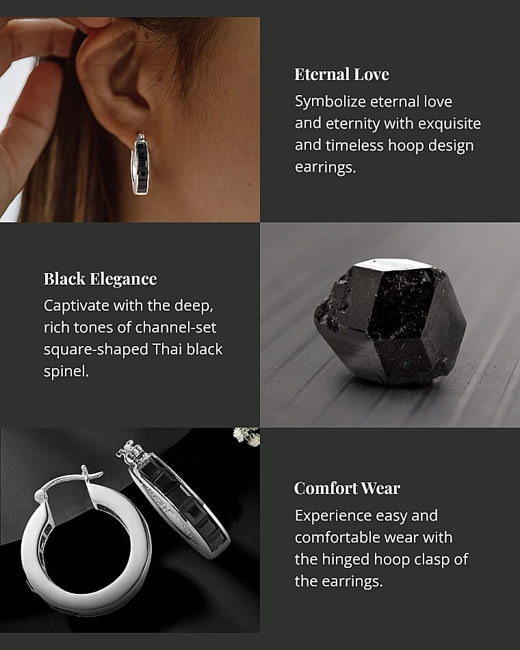 Square Thai Black Spinel Hoop Earrings in Stainless Steel Banner