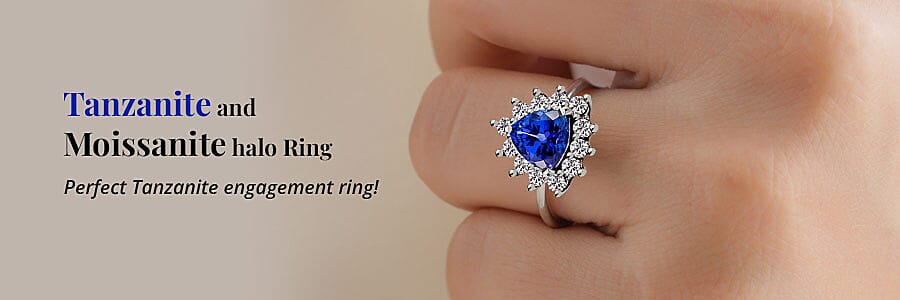 Tanzanite and Moissanite halo Ring Banner