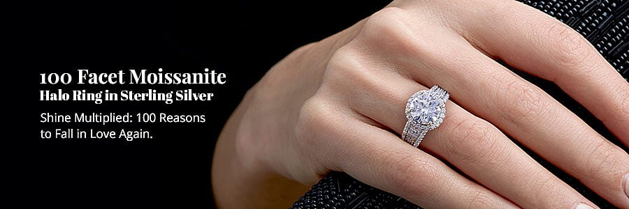 100 Facet Moissanite Halo Ring in Sterling Silver Banner