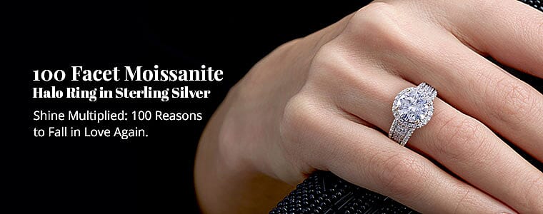 100 Facet Moissanite Halo Ring in Sterling Silver Banner