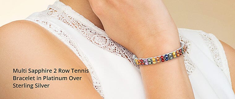 Multi Sapphire 2 Row Link Bracelet in Platinum Over Sterling Silver Banner