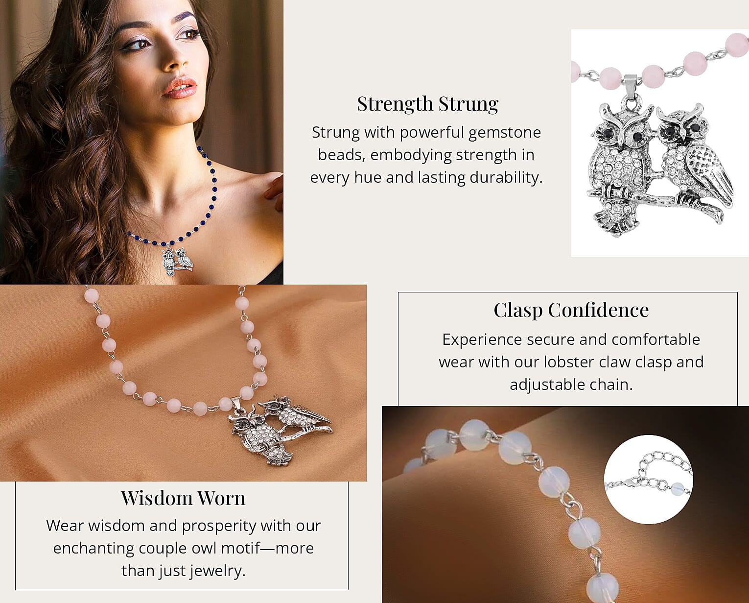 Galilea Rose Quartz, White and Black Austrian Crystal Owl Couple Necklace Banner